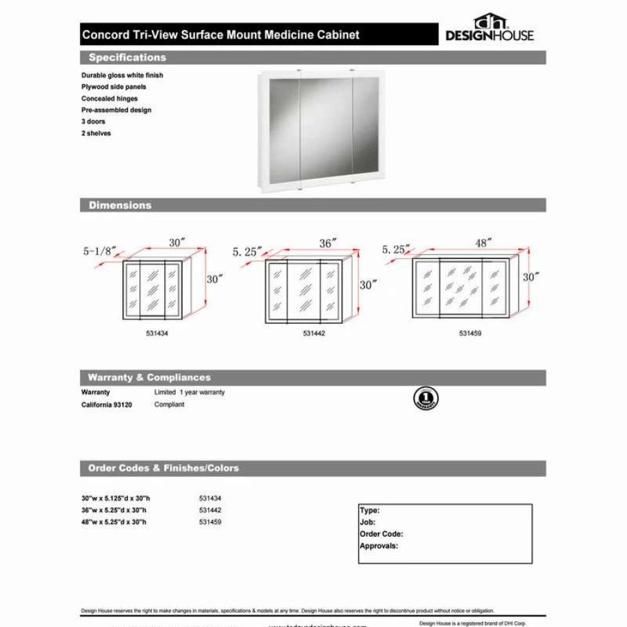 Bathroom Accessories * | Flash Sale Design House 531459 48 Framed Triple Door Mirrored Medicine White