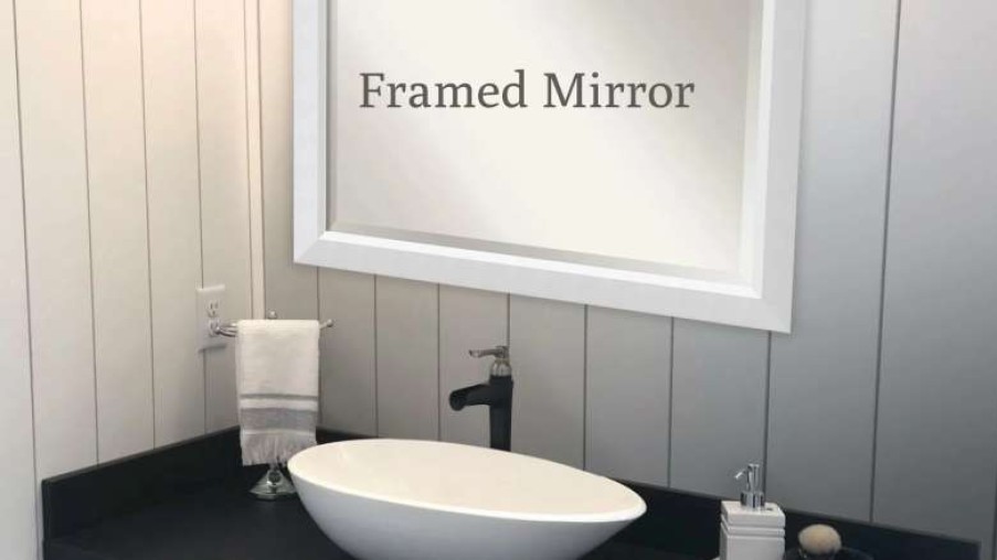 Bathroom Accessories * | Best Pirce Amanti Art Corvino White Beveled Wood Bathroom Wall Mirror 33 X 27 In.