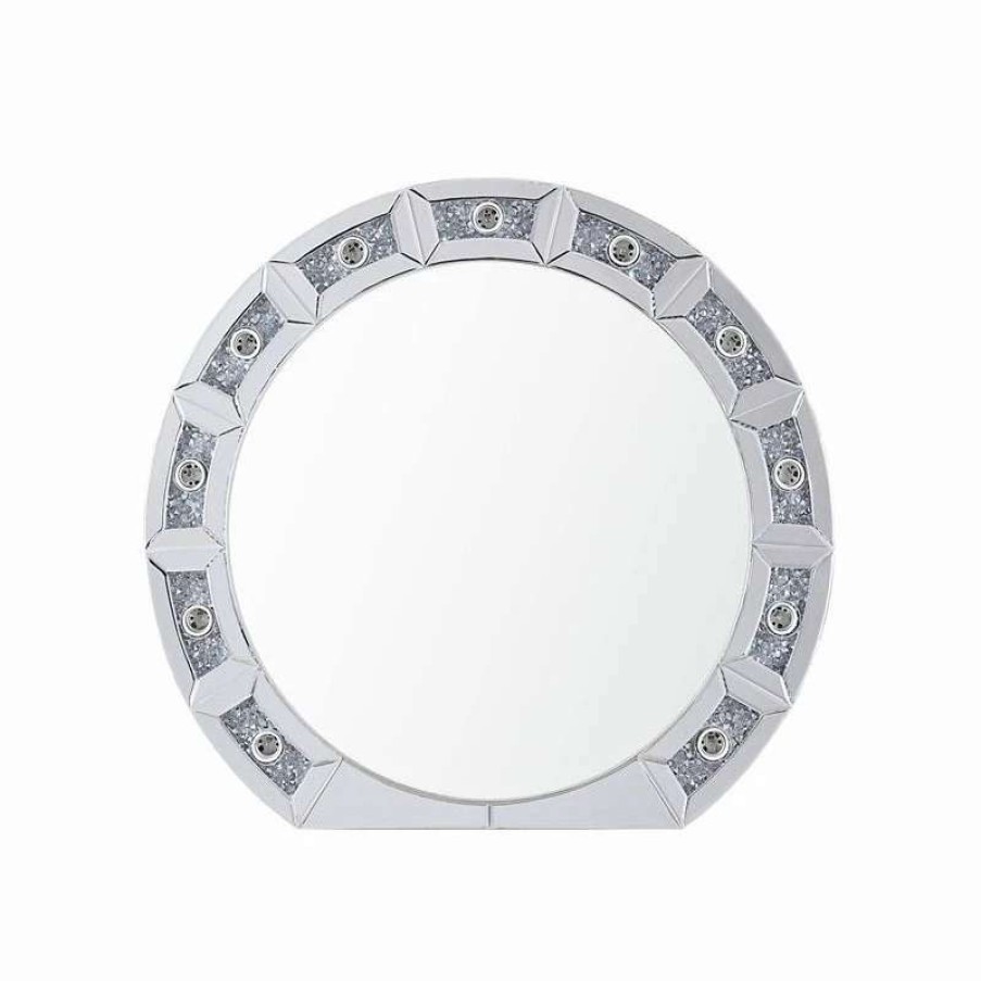 Bathroom Accessories * | Hot Sale Acme Furniture Acme Noralie Glass Wall Round Decor Mirror In Mirrored And Faux Diamonds