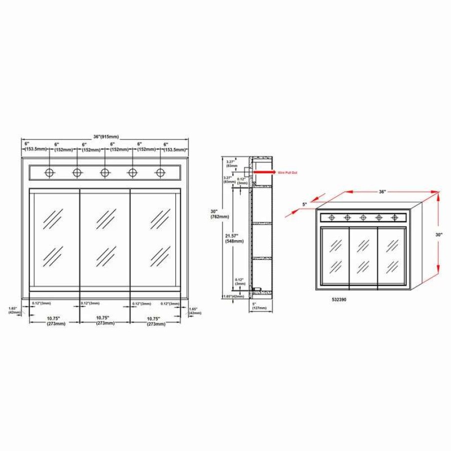 Bathroom Accessories * | Wholesale Design House 532390 36 Framed Triple Door Mirrored Medicine White