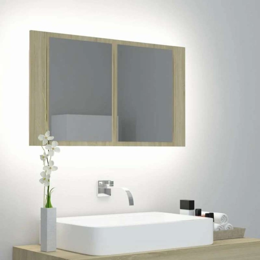 Bathroom Accessories * | Cheapest Vida Xl Llc Vidaxl Led Bathroom Mirror Cabinet Sonoma Oak Washroom Led Mirrored Cabinet