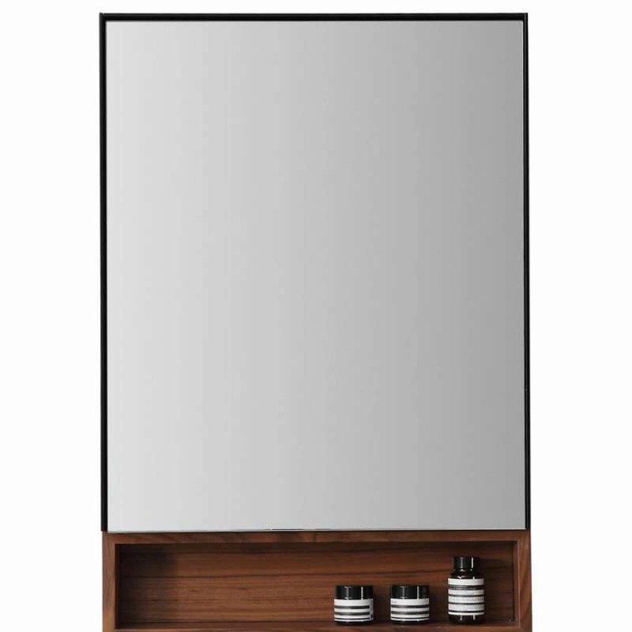 Bathroom Accessories * | Flash Sale Cartisan Design & Build Group, Inc. Bergen Modern Medicine Cabinet, Matte Black Frame, Walnut Shelf, 24