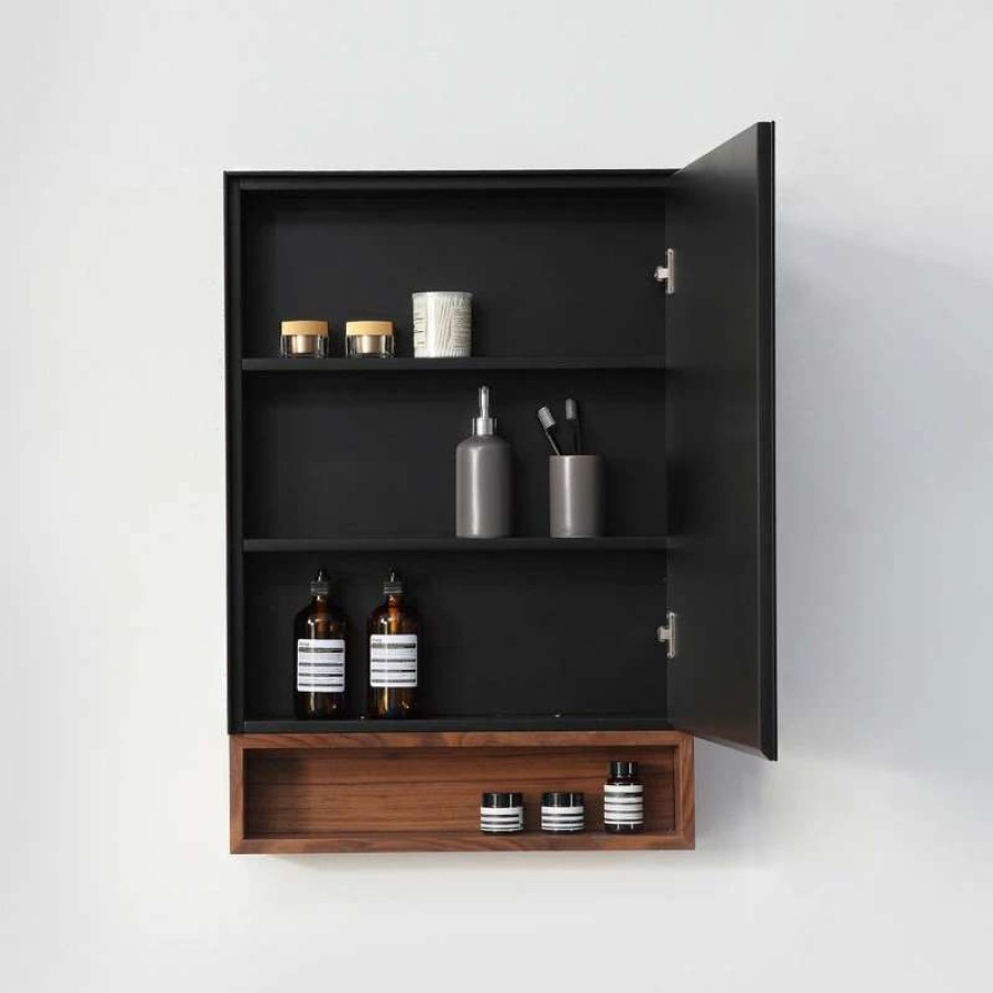 Bathroom Accessories * | Flash Sale Cartisan Design & Build Group, Inc. Bergen Modern Medicine Cabinet, Matte Black Frame, Walnut Shelf, 24