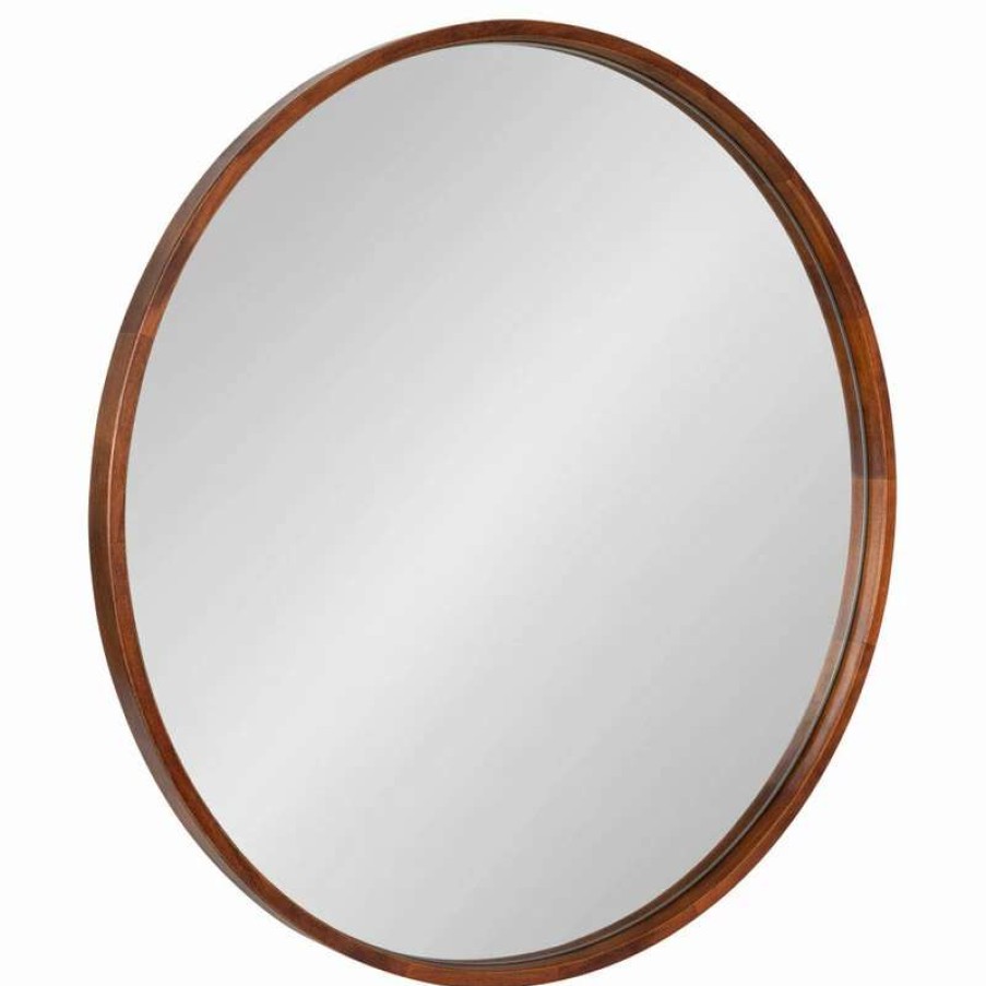 Bathroom Accessories * | Deals Uniek Valenti Round Framed Mirror, Walnut Brown 28 Diameter