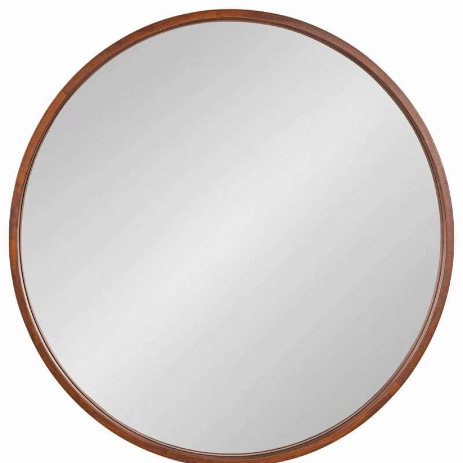 Bathroom Accessories * | Deals Uniek Valenti Round Framed Mirror, Walnut Brown 28 Diameter