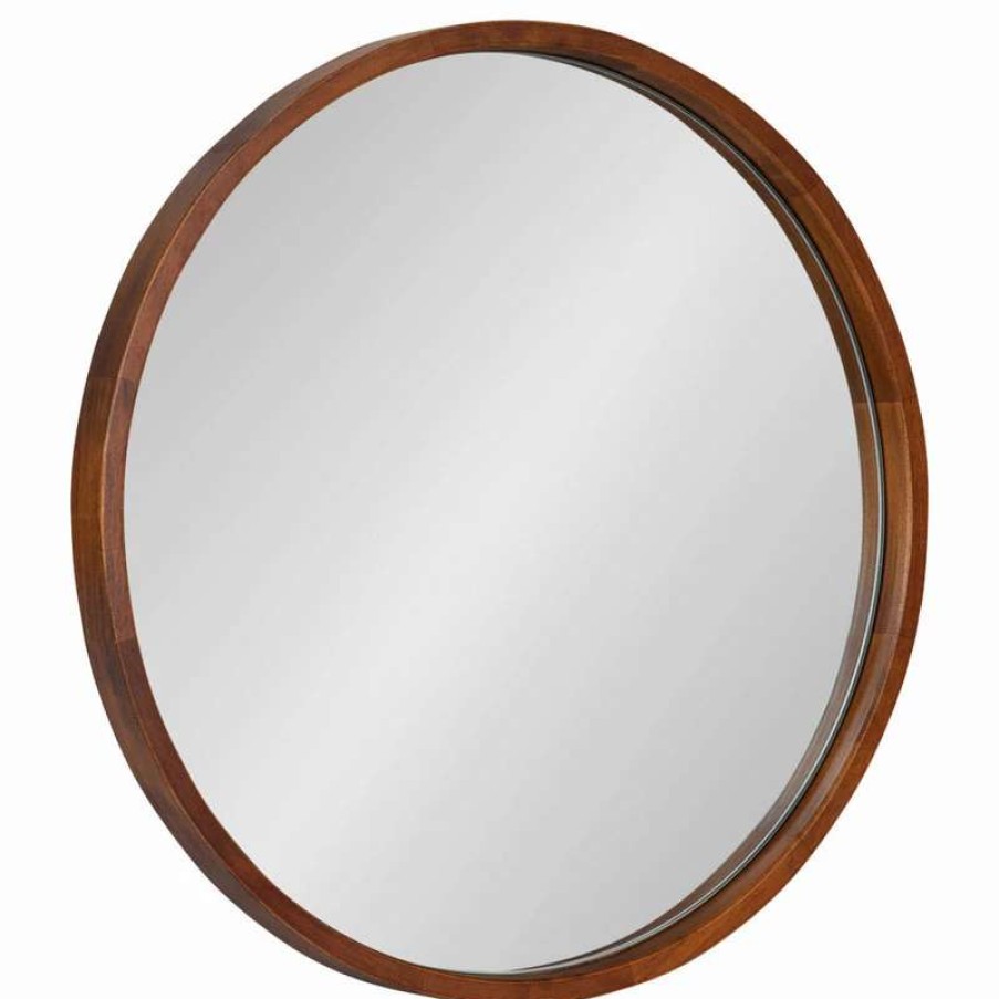 Bathroom Accessories * | Cheap Uniek Valenti Round Framed Mirror, Walnut Brown 18 Diameter