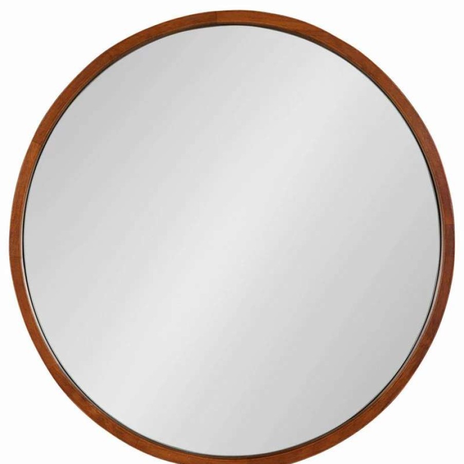 Bathroom Accessories * | Cheap Uniek Valenti Round Framed Mirror, Walnut Brown 18 Diameter