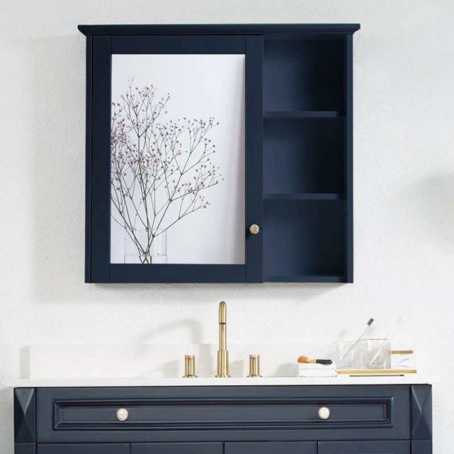 Bathroom Accessories * | Best Reviews Of Wellfor Group Llc Bathroom Solid Wood Medicine Cabinet With Silver Coated Mirror, 34 X30 , Navy Bl