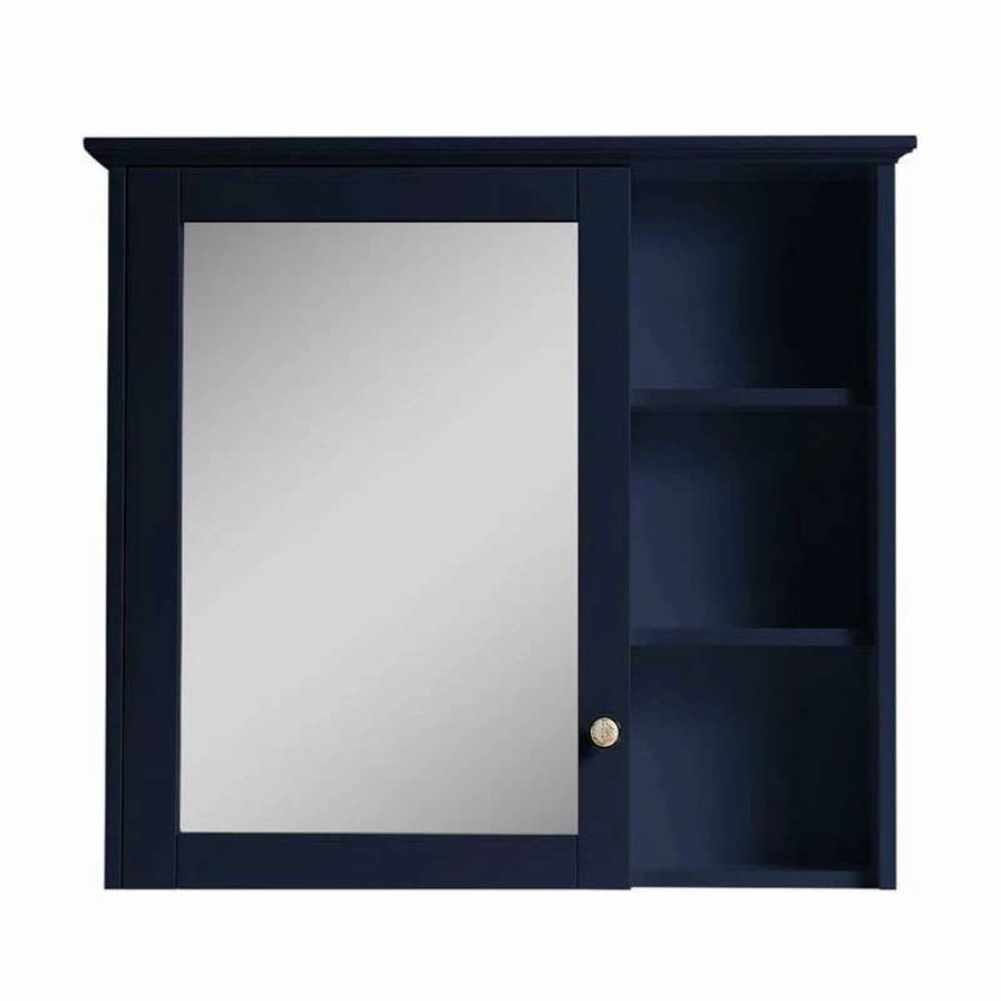 Bathroom Accessories * | Best Reviews Of Wellfor Group Llc Bathroom Solid Wood Medicine Cabinet With Silver Coated Mirror, 34 X30 , Navy Bl