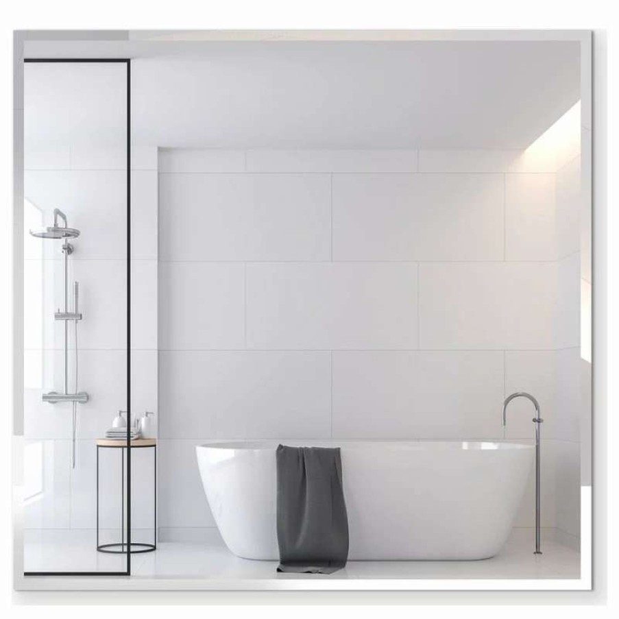 Bathroom Accessories * | Brand New Fab Glass And Mirror Square Beveled Polished Frameless Wall Mirror With Hooks, 36